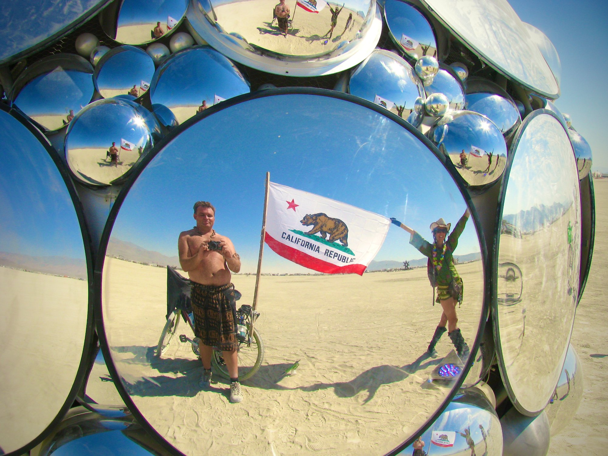 Josh the Fool at Burning Man — California Republic mirror sculpture