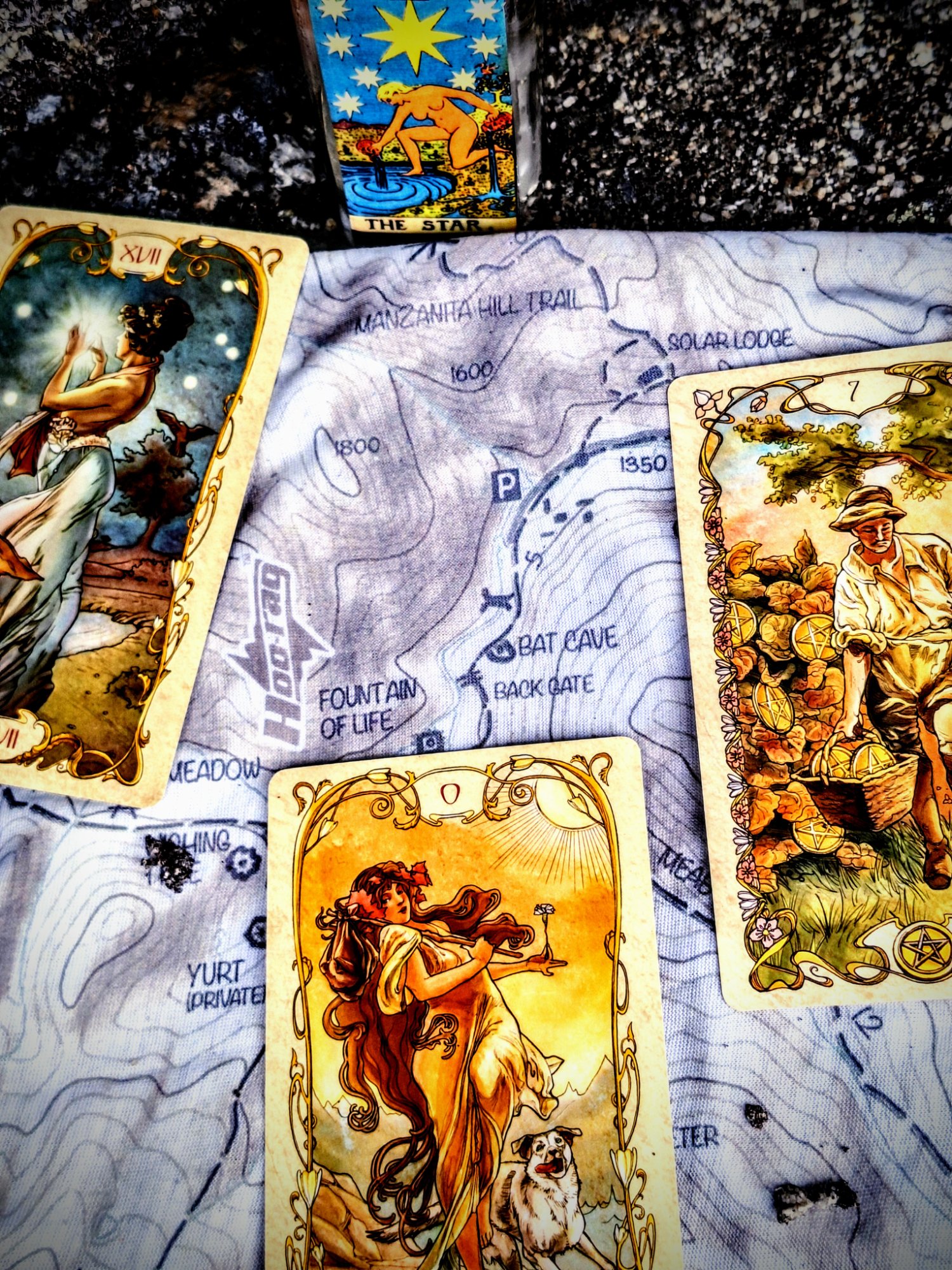 Tarot layout on a trail map at Wilbur Hot Springs
